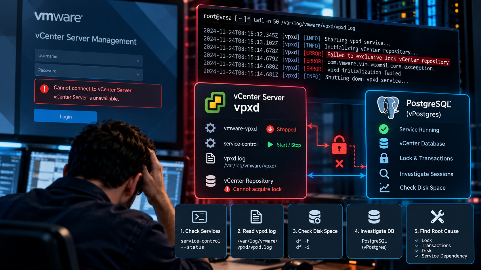 وقتی vCenter بالا نمی‌آید؛ عیب‌یابی vpxd از Log تا PostgreSQL